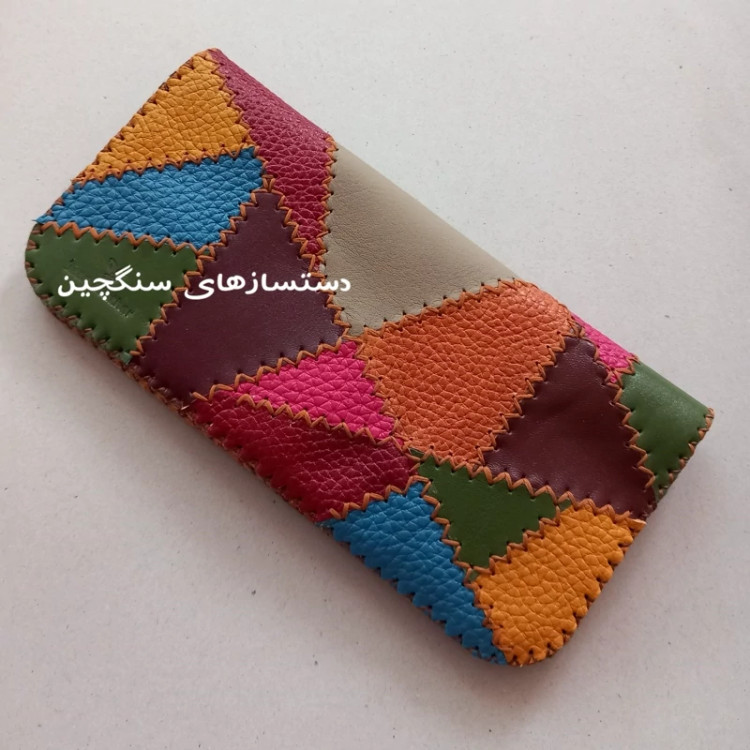 کیف پول چرم طبیعی گاو چهل تکه رنگارنگ کیف پول رنگین کمانی با 8 جای کارت کد 5 ( کاملا دست دوز)