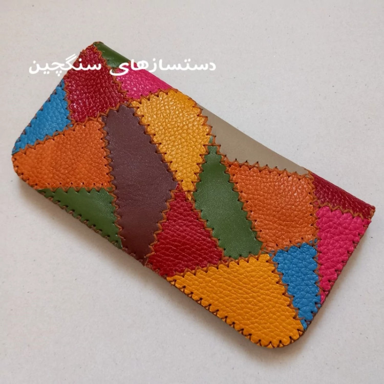 کیف پول چرم طبیعی گاو چهل تکه رنگارنگ کیف پول رنگین کمانی با 8 جای کارت کد 5 ( کاملا دست دوز)